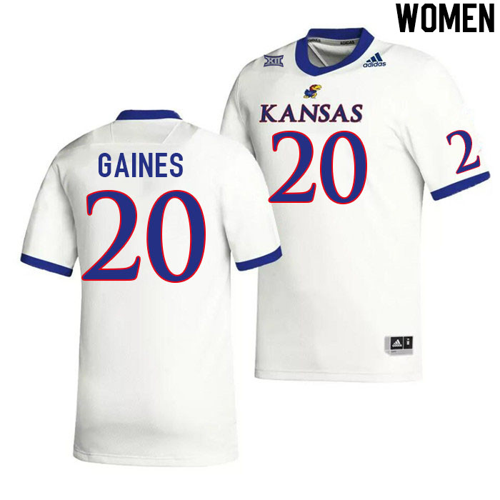 Women #20 Donovan Gaines Kansas Jayhawks College Football Jerseys Stitched Sale-White